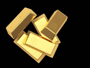 Siyah arka planda izole edilmiş altın külçeleri. 3B illüstrasyon