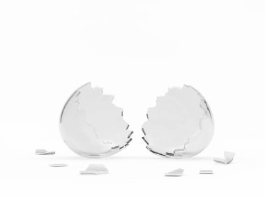 Kırık şeffaf, cam yumurta kabuğu beyaz arka planda izole edilmiş. 3B illüstrasyon