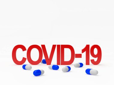 Beyaz arka planda izole edilmiş Covid-19 koronavirüs ikonu ve tıbbi kapsüller. 3B illüstrasyon