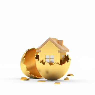 Kırık Paskalya yumurtası kabuğundaki altın ev ikonu beyaz arka planda izole edilmiş. 3B illüstrasyon