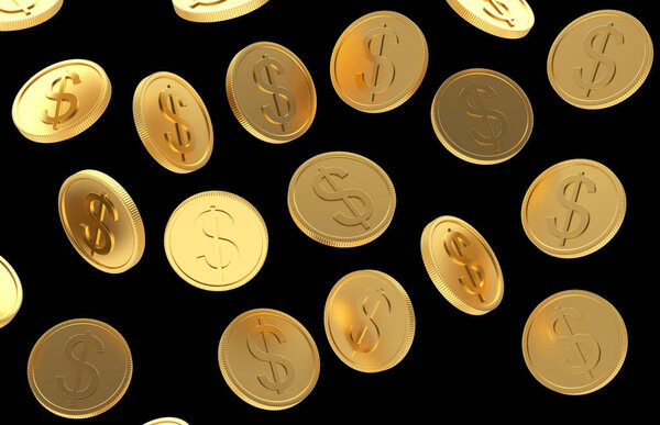 Falling gold coins with a dollar sign as background. Isolated on a black background. 3D illustration