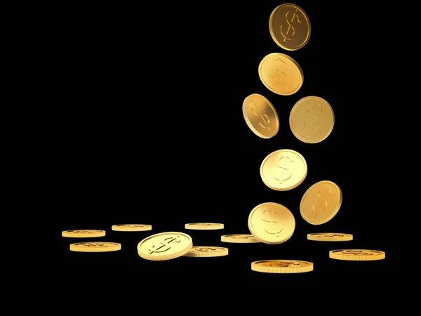 Padající Zlaté Mince Dolarovou Značkou Izolované Černém Pozadí Prostorem Pro — Stock fotografie