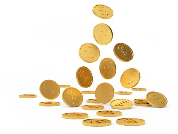 Zlaté Dolarové Mince Padají Izolované Bílo Ilustrace — Stock fotografie
