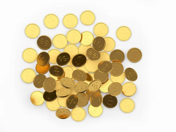 Hromada Zlatých Dolarových Mincí Padajících Izolovaně Bílo Pohled Shora Ilustrace — Stock fotografie