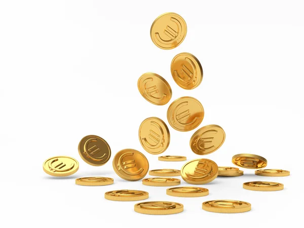 白い背景に孤立したユーロ記号を持つ落下金の硬貨の山 3Dイラスト — ストック写真