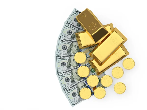 Högen Med Guldtackor Och Mynt Dollarsedlar Med Utrymme För Text — Stockfoto