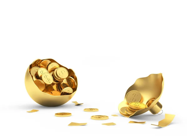 Bola Natal Dourada Partida Com Moedas Duas Metades Cheias Dinheiro — Fotografia de Stock