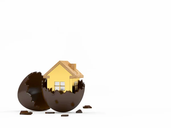 Arany Ház Ikon Belsejében Törött Csokoládé Húsvéti Tojás Helyet Szöveg — Stock Fotó