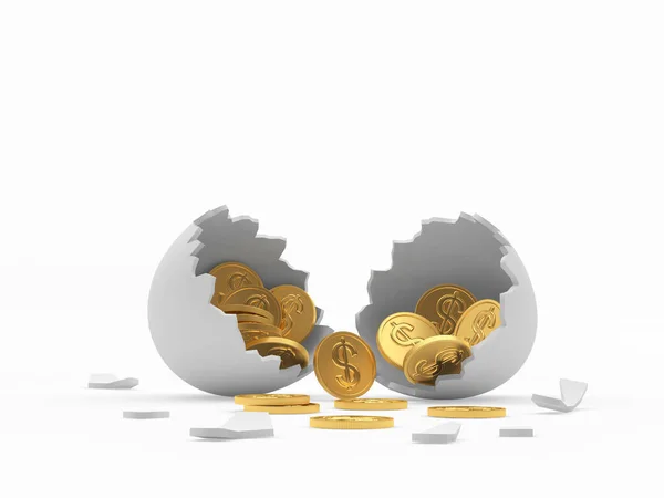 Huevo Blanco Roto Con Monedas Oro Interior Aislado Sobre Fondo —  Fotos de Stock
