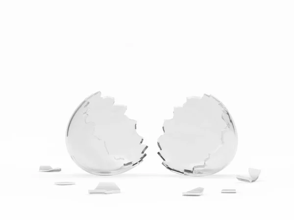 破碎的空透明 玻璃蛋壳隔离在白色背景上 3D插图 — 图库照片