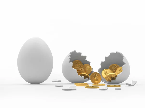 白い背景に隔離された内部黄金のコインを持つ白い卵と壊れた卵の殻 3Dイラスト — ストック写真