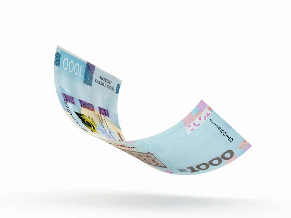Ukrayna ulusal para birimi. Düşen banknot beyaz arka planda izole edilmiş 1000 bin Hryvnia. 3B illüstrasyon