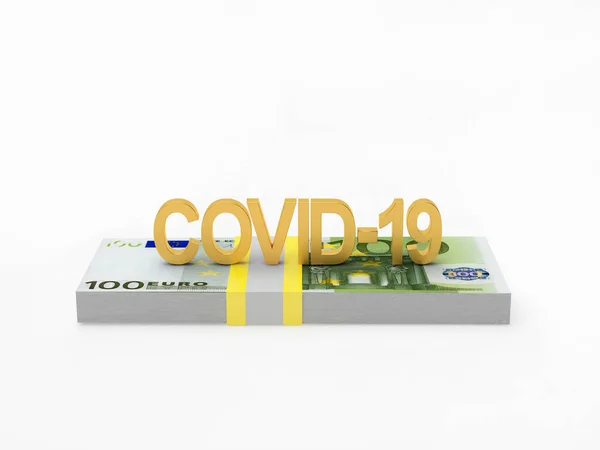 Covid 19的图标Coronovirus在一堆欧元钞票上 与白色背景隔离 3D插图 — 图库照片