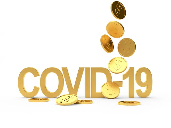 Covid Coronavirus符号 白色背景上有美元符号的金币掉下来 3D插图 — 图库照片