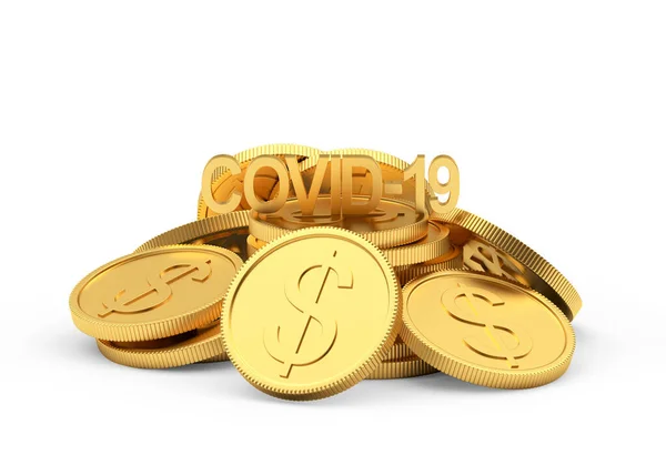 Covid-19 coronavirus symbol on a pile of gold coins with a dollar sign isolated on white background. 3D illustration