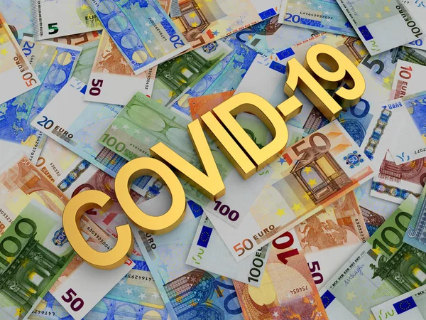 金Covid 19的验尸官标志在欧元钞票的背景上 3D插图 — 图库照片