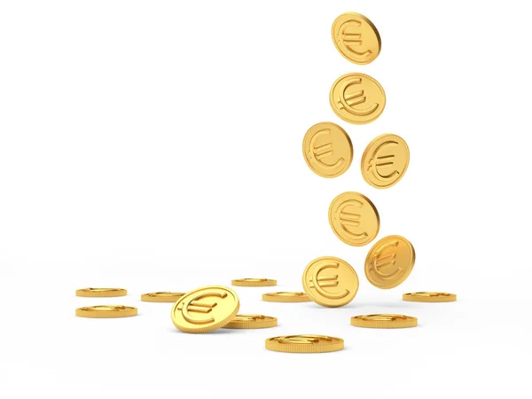 Padající Zlaté Mince Euro Znamení Izolované Bílém Pozadí Prostorem Pro — Stock fotografie