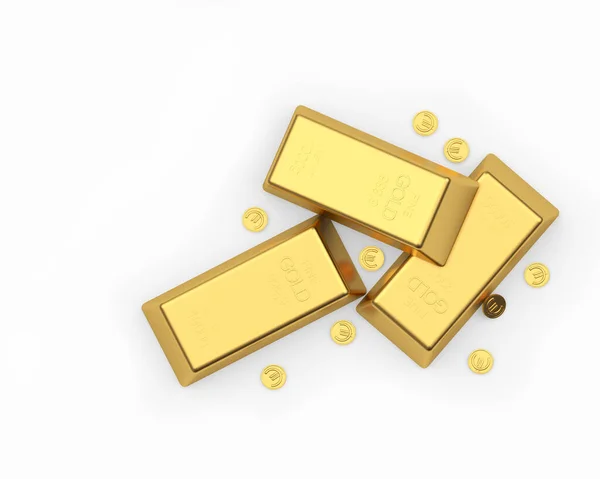 白い背景にユーロ記号を持つ金の棒と硬貨の山 3Dイラスト — ストック写真