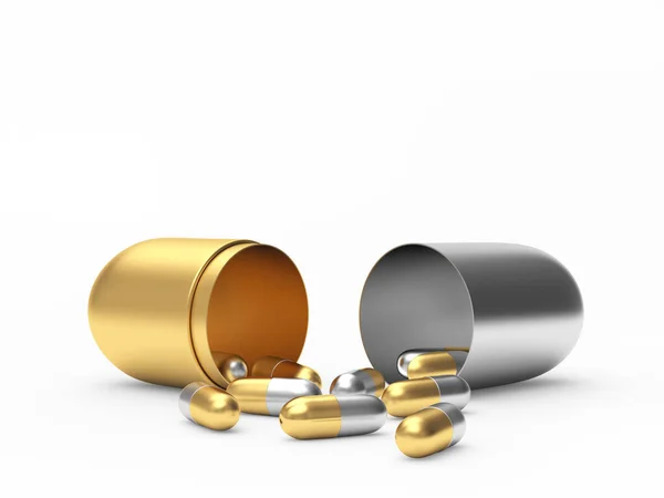 Golden Silver Small Medical Capsules Dropped Out Large Open Medical — Stock Photo, Image
