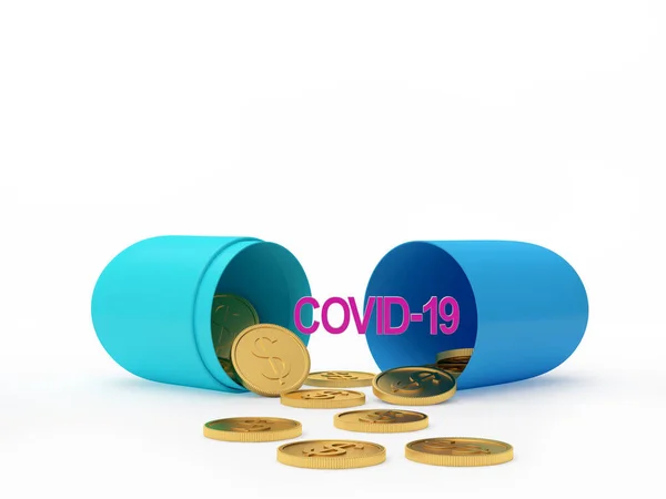 Open Blue Medical Capsule Covid Coronavirus Icon Scattered Gold Coins — Stock Photo, Image