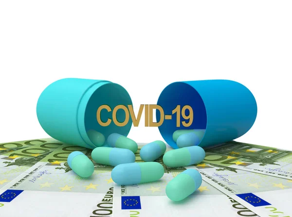 Öppna Blå Medicinska Kapslar Med Gyllene Conid Coronavirus Ikon Eurosedlar — Stockfoto