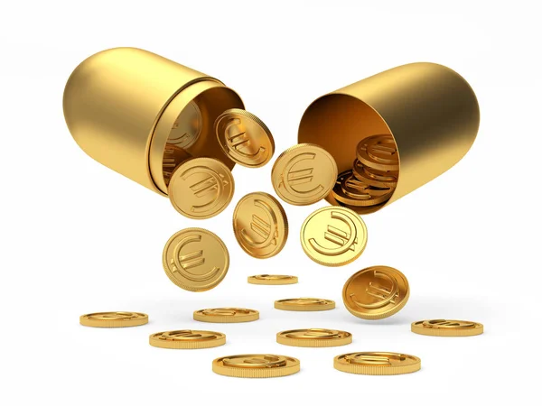 Coins Euro Sign Pouring Out Golden Open Medical Capsule Isolated — Stock Photo, Image