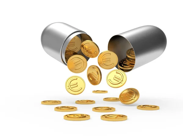 Gold Coins Euro Sign Pouring Out Silver Open Medical Capsule — Stock Photo, Image