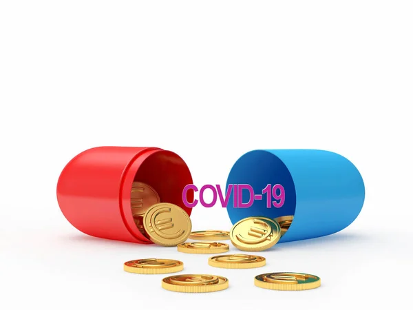 Open Medical Capsule Covid Coronavirus Icon Scattered Gold Coins Euro — Stock Photo, Image