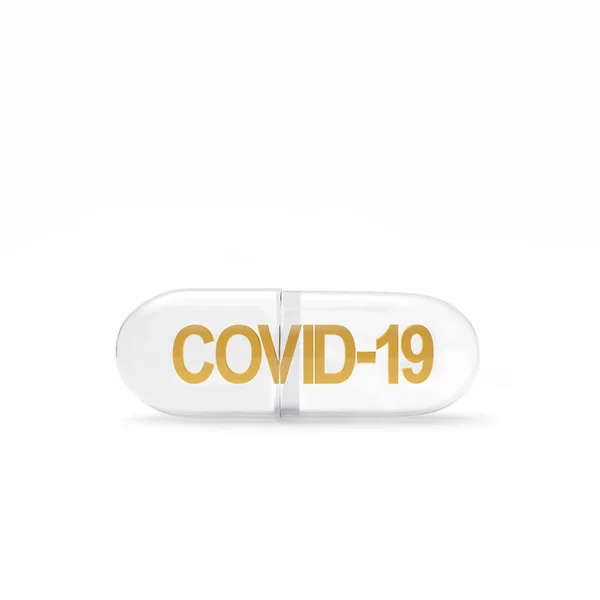 Transparent Medicinsk Kapsel Med Covid Koronavirusikon Isolerad Vit Bakgrund Illustration — Stockfoto