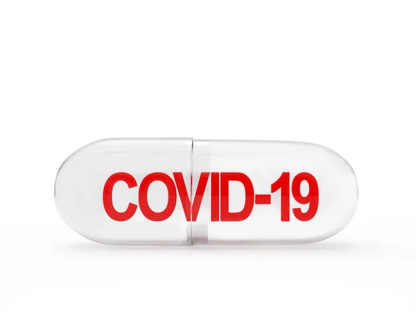 白い背景に単離された赤いCovid 19コロナウイルスアイコンを持つ透明な医療カプセル 3Dイラスト — ストック写真