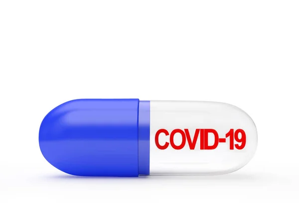 Blå Medicinsk Kapsel Med Covid Coronavirus Ikon Isolerad Vit Bakgrund — Stockfoto