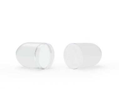 Beyaz arkaplanda izole edilmiş şeffaf tıbbi kapsül aç