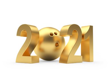 2021 yılbaşı ve altın bovling topu beyaza izole edilmiş. 3B illüstrasyon