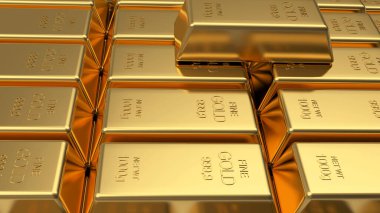 Arkaplan olarak bir sürü altın külçesi. 3B illüstrasyon