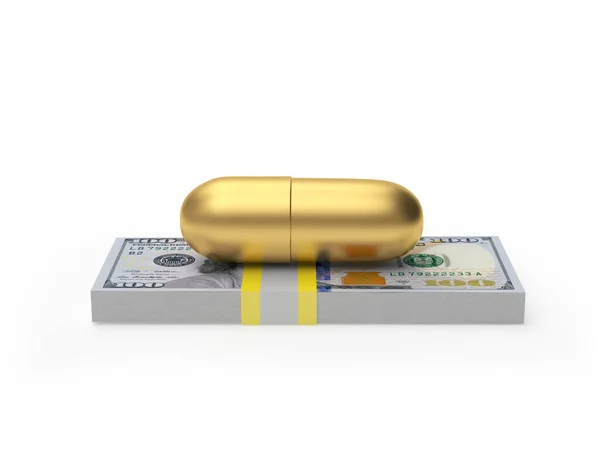 Gold medical capsule on a bundle of dollar bills. 3D illustration