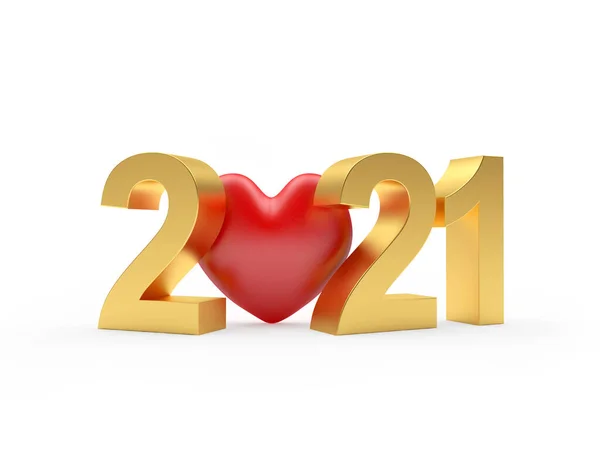 Gold Number 2021 Red Heart Icon Isolated White Background Illustration — Stock Photo, Image