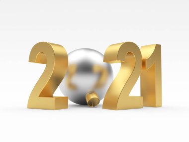 2021 altın numara ve gümüş Noel topu beyaza izole edilmiş. 3d illüstrasyon