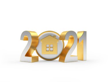 Emlak konsepti. 2021 numara ve beyaz arka planda ev simgesi. 3B illüstrasyon