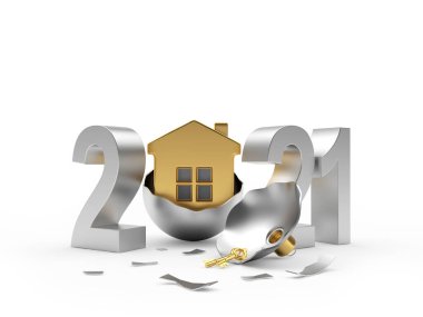 Gümüş 2021 ve beyaz arka planda izole edilmiş kırık Noel topunda altın ev ikonu. 3B illüstrasyon