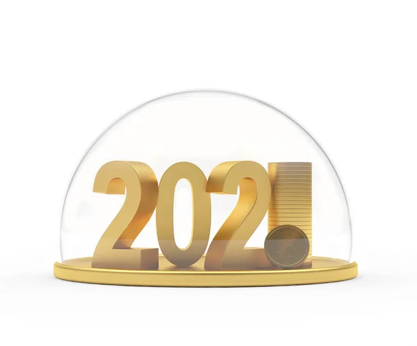 Monede Aur 2021 Monede Dolari Protejate Cupolă Transparentă Izolată Fundal — Fotografie, imagine de stoc