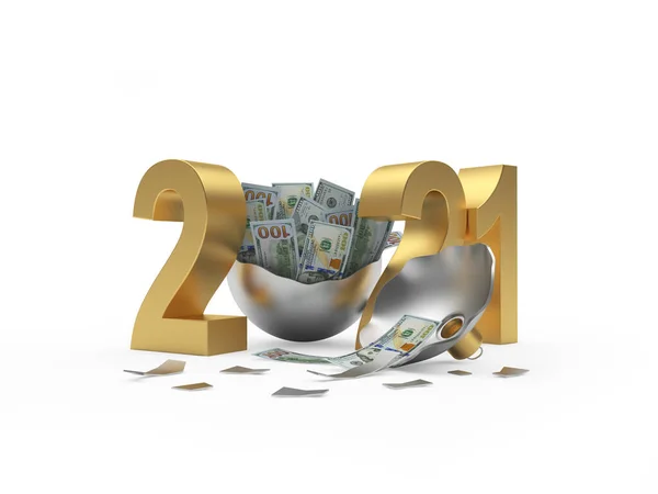 Numărul Aur 2021 Mingea Crăciun Spartă Bancnote Dolari Fundal Alb — Fotografie, imagine de stoc