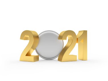 Altın 2021 numaraları ve beyaz arka planda izole edilmiş boş paralar. 3B illüstrasyon