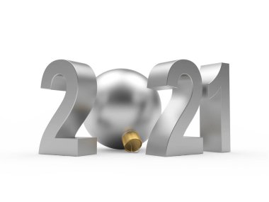 2021 gümüş numara ve Noel topu beyaza izole edilmiş. 3d illüstrasyon