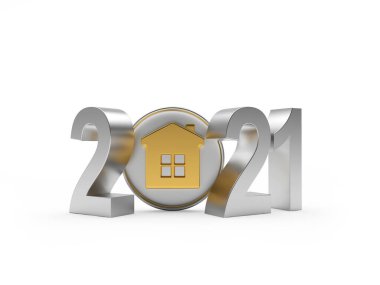2021 gümüş sayı ve ev simgesi beyaz arka planda izole edildi. 3d illüstrasyon