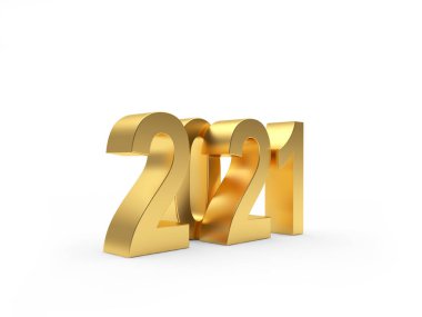 Yeni yıl için 2021 altın sayı beyaza izole edildi. 3B illüstrasyon