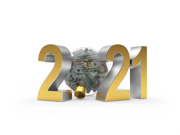 2021 Numere Anul Nou Minge Transparentă Crăciun Plină Bancnote Dolari — Fotografie, imagine de stoc