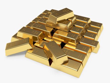 Beyaz üzerine izole edilmiş bir piramide yığılmış altın külçeleri. 3B illüstrasyon