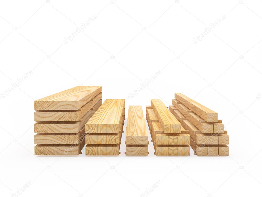 Wooden planks in stacks isolated on white background. 3D illustration
