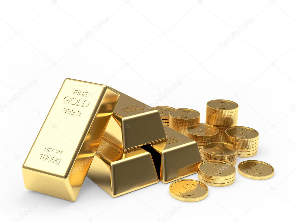 Heap of gold bars with coins isolated on white background. 3d illustration