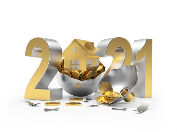 Golden 2021 Icono Casa Bola Navidad Rota Con Monedas Aisladas — Foto de Stock